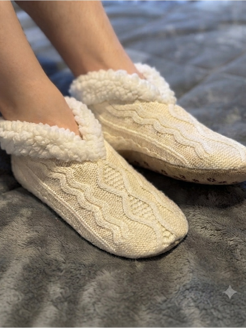 Cozy Cable Knit Sherpa Lined Slippers - Cream